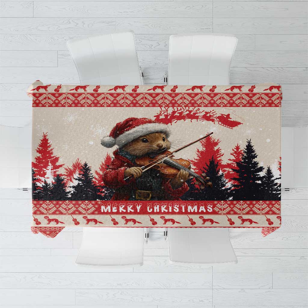 Red Christmas tablecloth with pine marten playing violin and Merry Christmas text