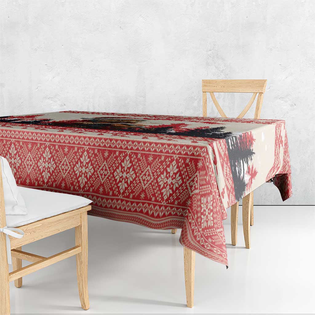 Red Christmas tablecloth with geometric border and black brushstroke tree print