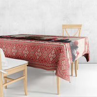Red Christmas tablecloth with geometric border and black brushstroke tree print