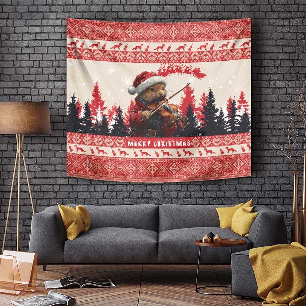 Red Christmas tapestry with pine marten playing violin in an evergreen forest