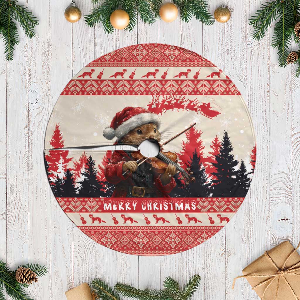 Round Christmas tree skirt in red and white with marten playing violin and "Merry Christmas"