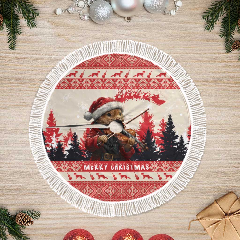 Round Christmas tree skirt with white fringe edge, red and white marten playing violin scene