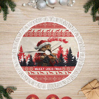 Round Christmas tree skirt with white fringe edge, red and white marten playing violin scene