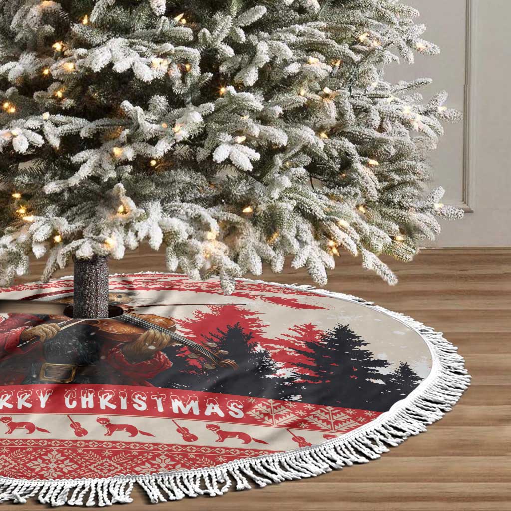 Round Christmas tree skirt with white fringe edge, red and white marten violin scene