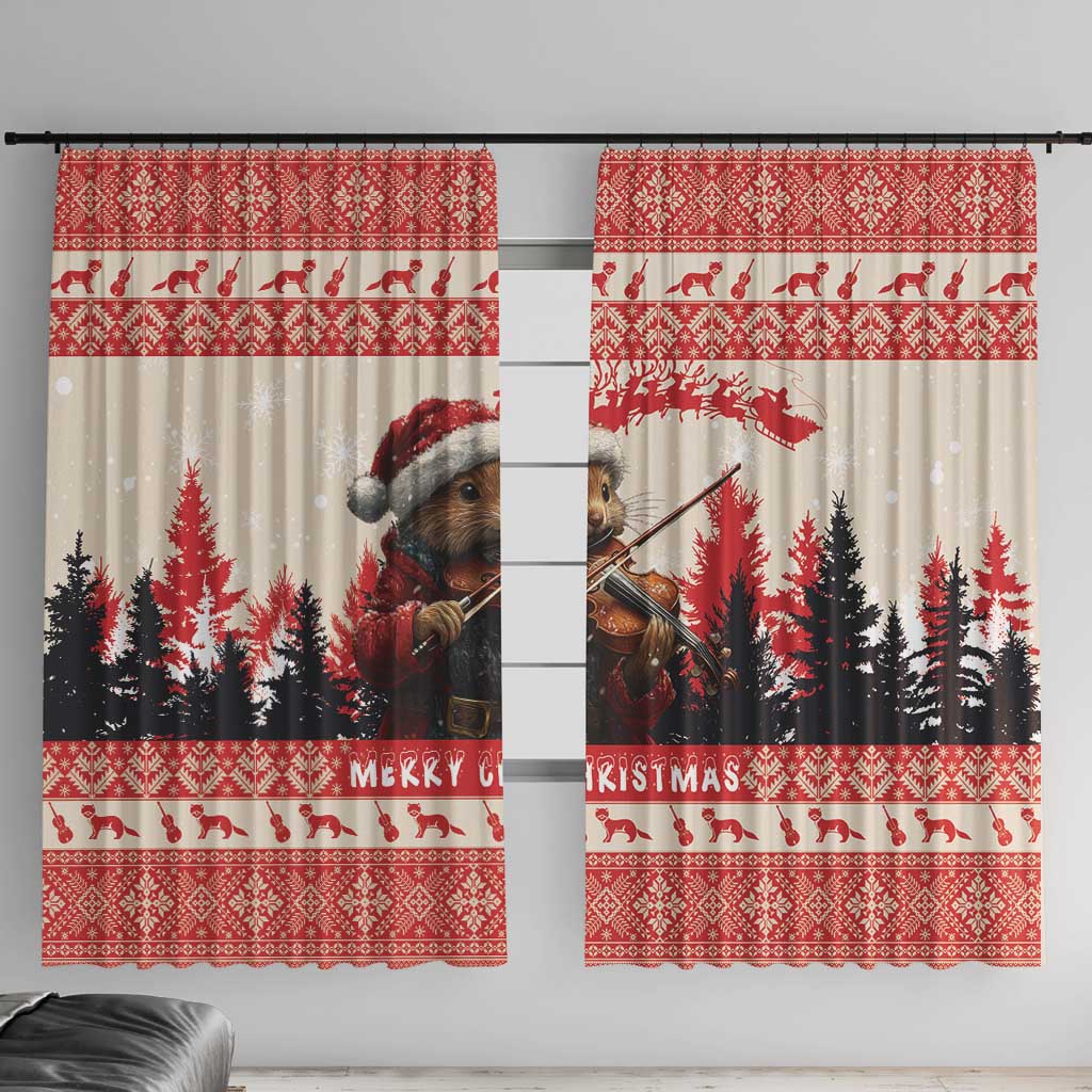 Red and cream Christmas window curtain pair with a squirrel playing violin and pine trees