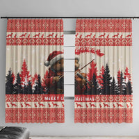 Red and cream Christmas window curtain pair with a squirrel playing violin and pine trees