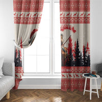 Red and cream window curtain panels with squirrel violinist artwork and pine tree silhouettes