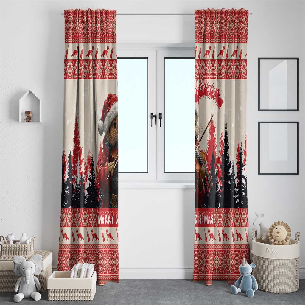 Red and cream Christmas window curtain pair with squirrel playing violin and holiday border