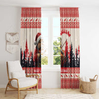 Red and cream Christmas window curtain panels with squirrel violinist and pine tree border