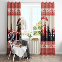 Red and cream window curtains with squirrel playing violin, pine trees, and red geometric trim