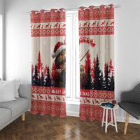 Red and cream grommet-style window curtains featuring squirrel playing violin and pine trees