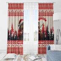 Red and cream window curtain panels with squirrel playing violin and a Merry Christmas stripe