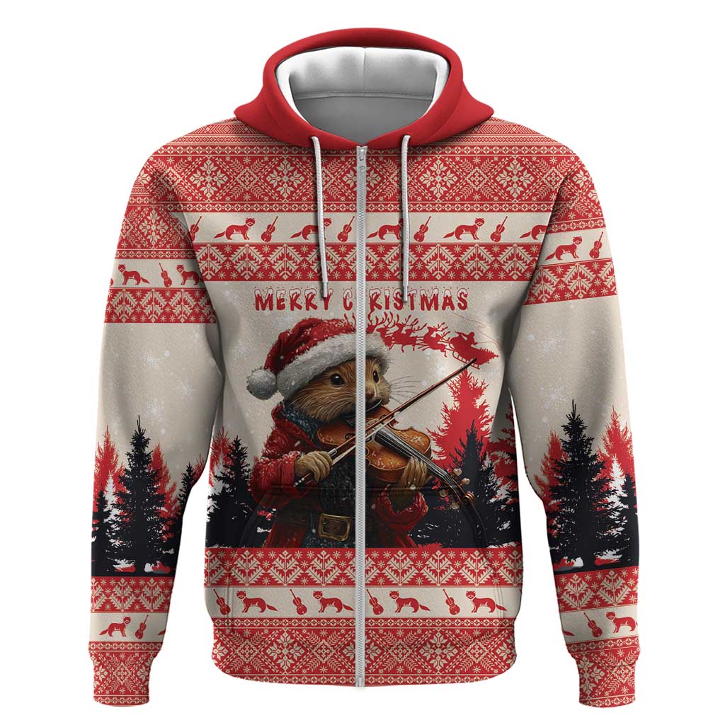 Croatia Christmas Zip Hoodie Pine Marten Playing Violin - Red Color - Wonder Print Shop