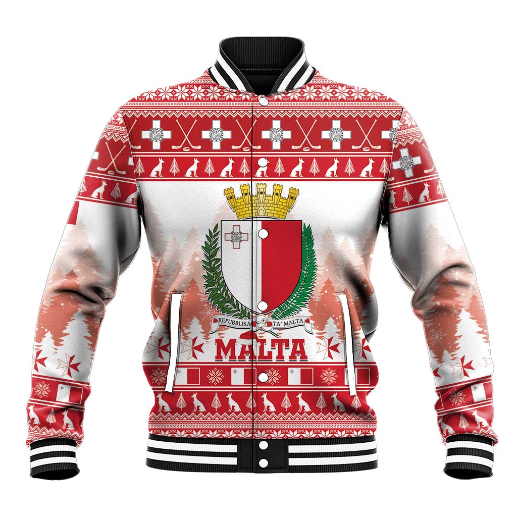 Red unisex Christmas baseball jacket with Malta crest graphic, striped collar and cuffs