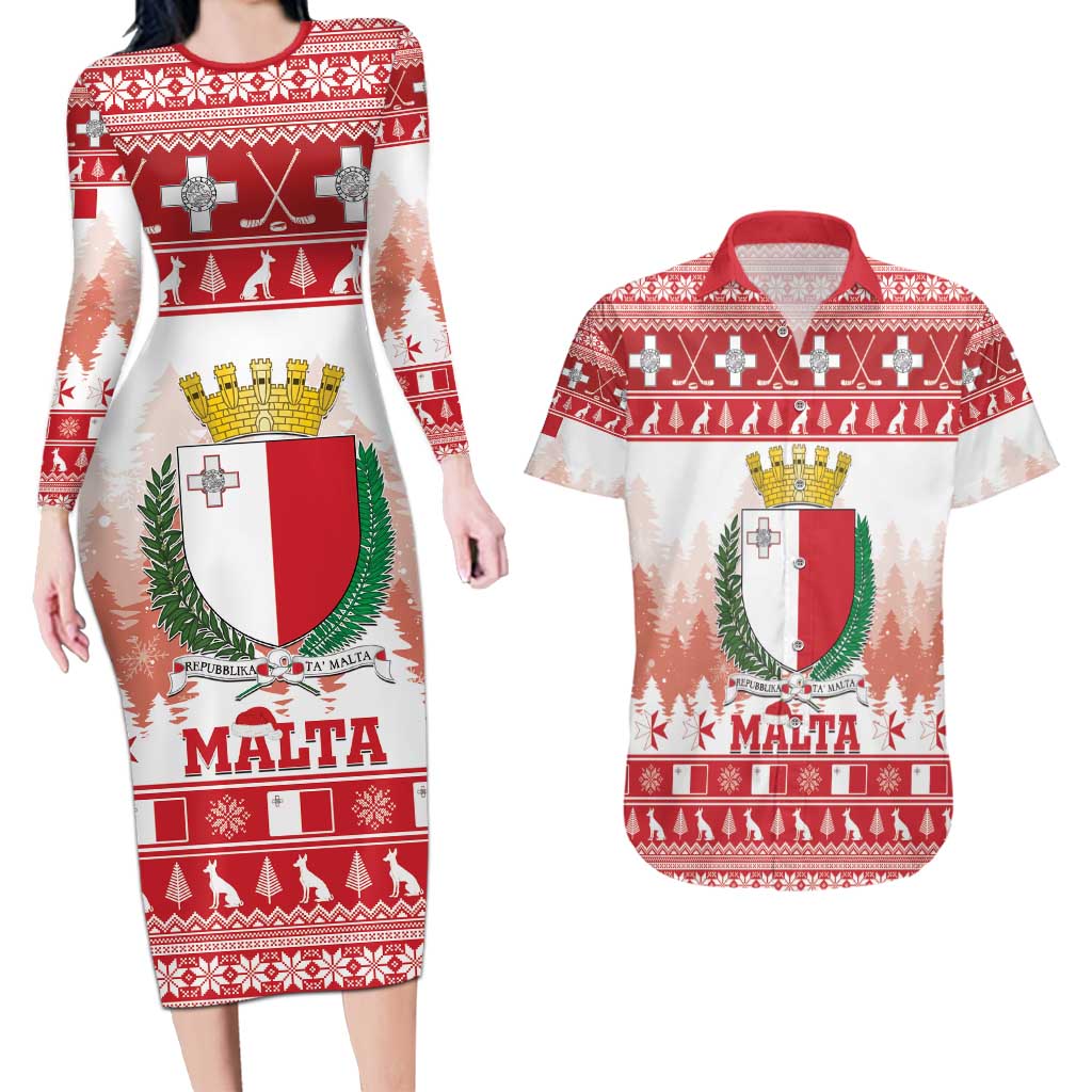 Malta Christmas Couples Matching Long Sleeve Bodycon Dress and Hawaiian Shirt Coat Of Arms il-Milied it-Tajjeb - Wonder Print Shop