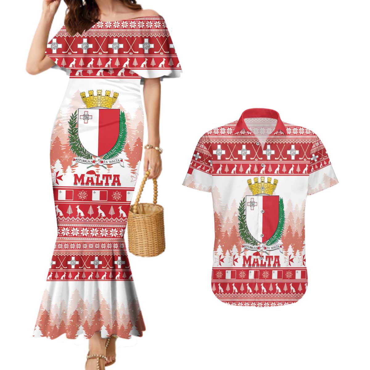 Malta Christmas Couples Matching Mermaid Dress and Hawaiian Shirt Coat Of Arms il-Milied it-Tajjeb - Wonder Print Shop