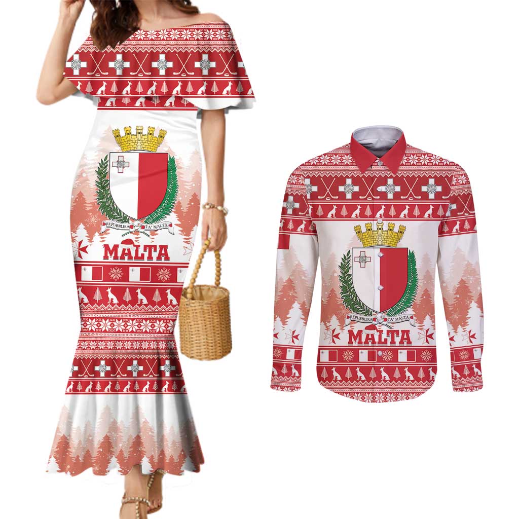 Malta Christmas Couples Matching Mermaid Dress and Long Sleeve Button Shirt Coat Of Arms il-Milied it-Tajjeb