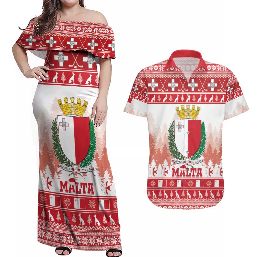 Malta Christmas Couples Matching Off Shoulder Maxi Dress and Hawaiian Shirt Coat Of Arms il-Milied it-Tajjeb - Wonder Print Shop