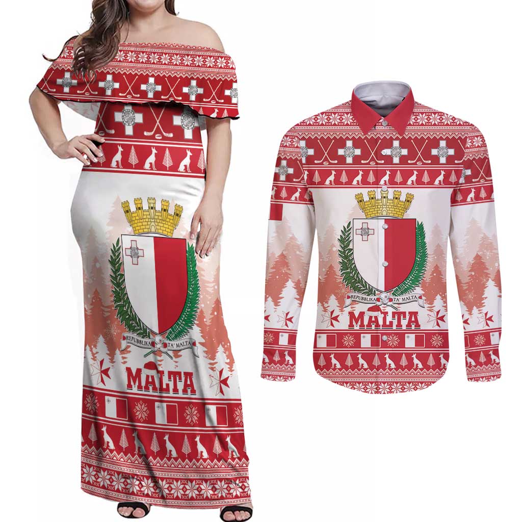 Malta Christmas Couples Matching Off Shoulder Maxi Dress and Long Sleeve Button Shirt Coat Of Arms il-Milied it-Tajjeb - Wonder Print Shop