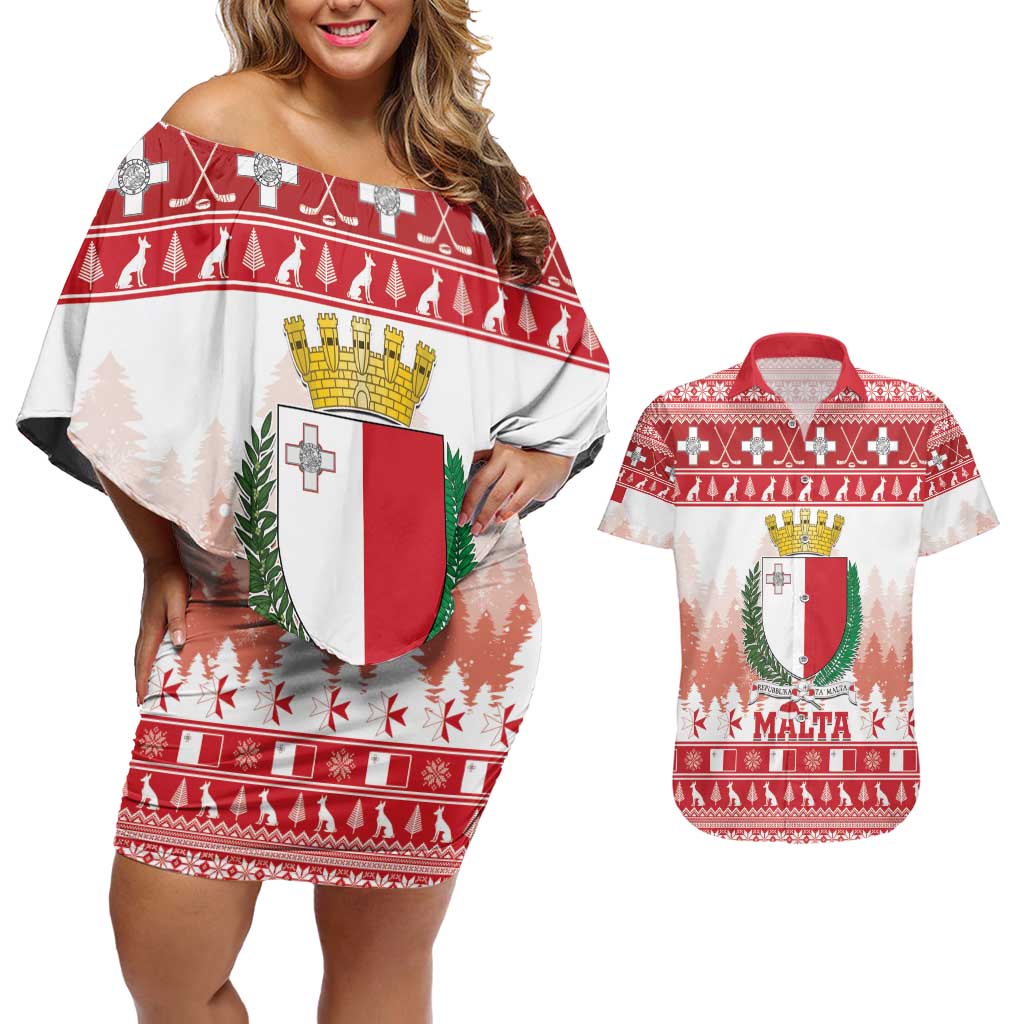 Malta Christmas Couples Matching Off Shoulder Short Dress and Hawaiian Shirt Coat Of Arms il-Milied it-Tajjeb - Wonder Print Shop