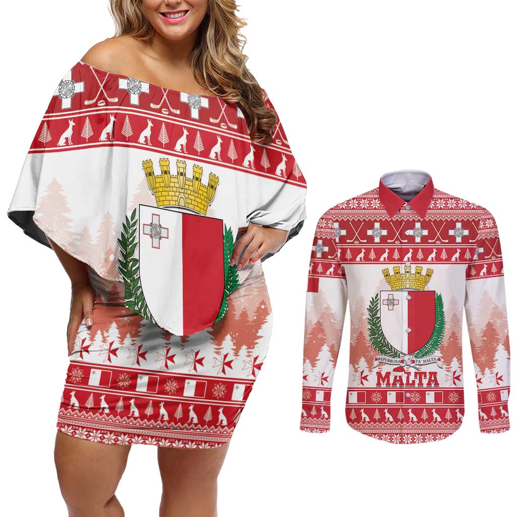 Malta Christmas Couples Matching Off Shoulder Short Dress and Long Sleeve Button Shirt Coat Of Arms il-Milied it-Tajjeb - Wonder Print Shop