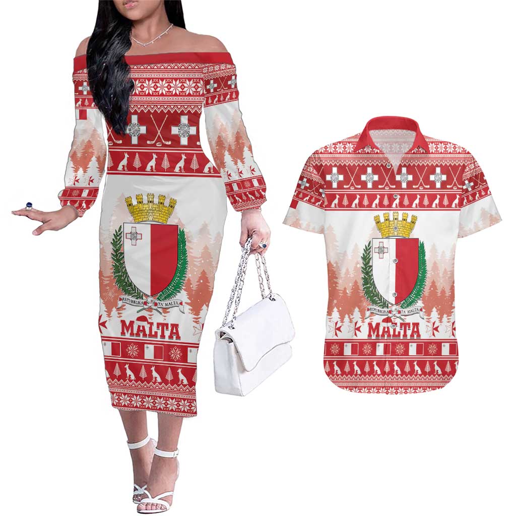 Malta Christmas Couples Matching Off The Shoulder Long Sleeve Dress and Hawaiian Shirt Coat Of Arms il-Milied it-Tajjeb - Wonder Print Shop