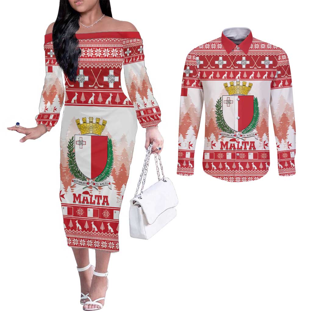 Malta Christmas Couples Matching Off The Shoulder Long Sleeve Dress and Long Sleeve Button Shirt Coat Of Arms il-Milied it-Tajjeb