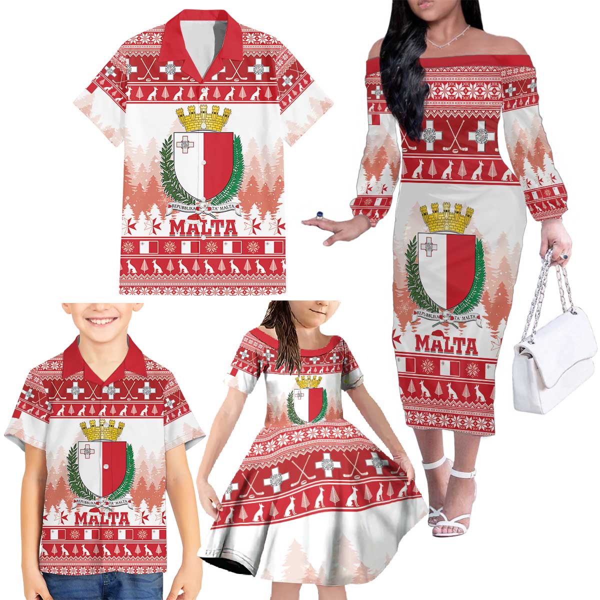 Malta Christmas Family Matching Off The Shoulder Long Sleeve Dress and Hawaiian Shirt Coat Of Arms il-Milied it-Tajjeb - Wonder Print Shop