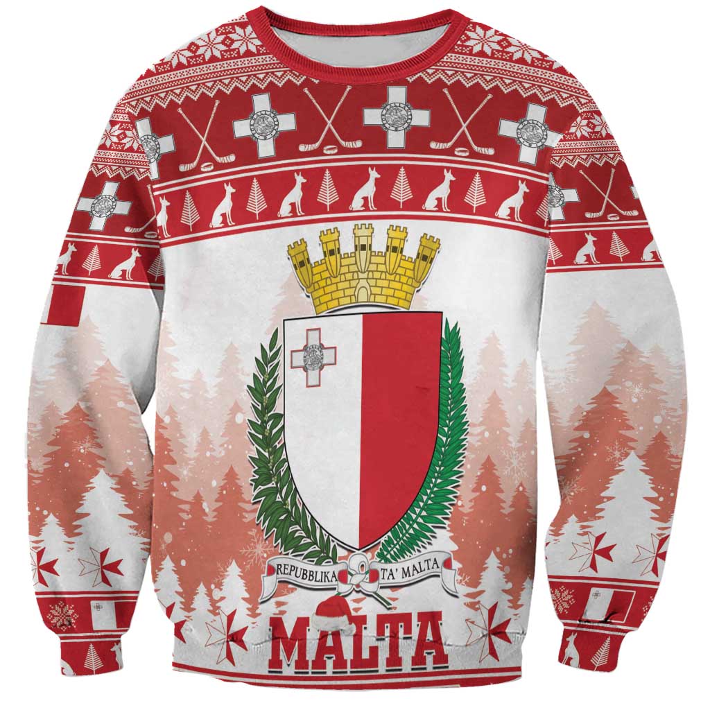 Red crewneck sweatshirt with Malta coat of arms, cross, trees, and festive pattern