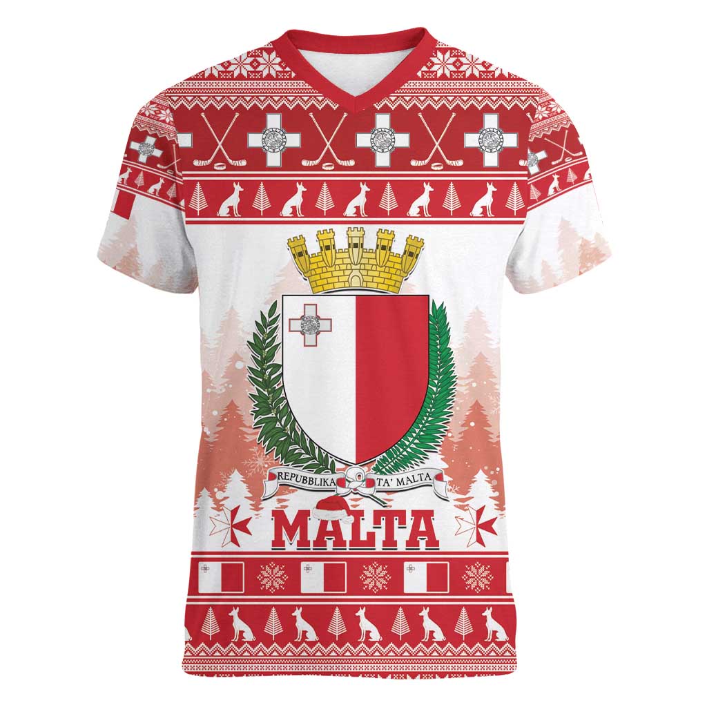 Malta Christmas Women V-Neck T-Shirt Coat Of Arms il-Milied it-Tajjeb - Wonder Print Shop