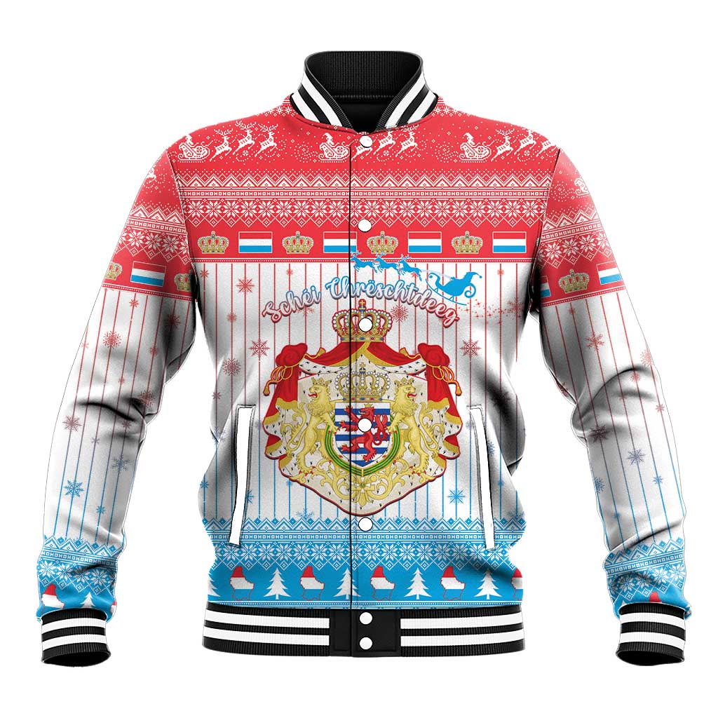 Unisex Christmas baseball jacket with red, white, and blue crest graphic and ribbed trim
