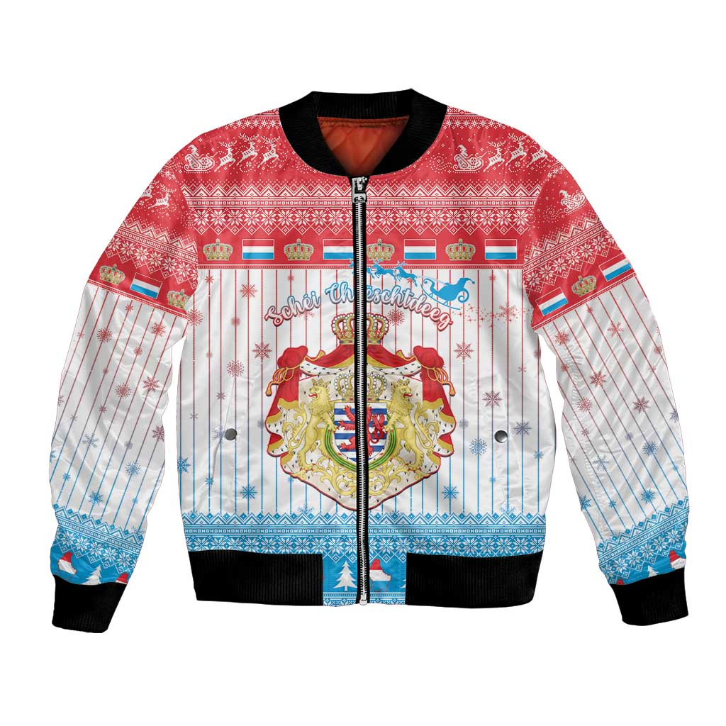 Unisex Christmas bomber jacket with zipper, red and blue coat-of-arms graphic, striped sleeves