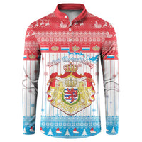 Red button-front sweatshirt coat with festive crest graphic and snowflake border