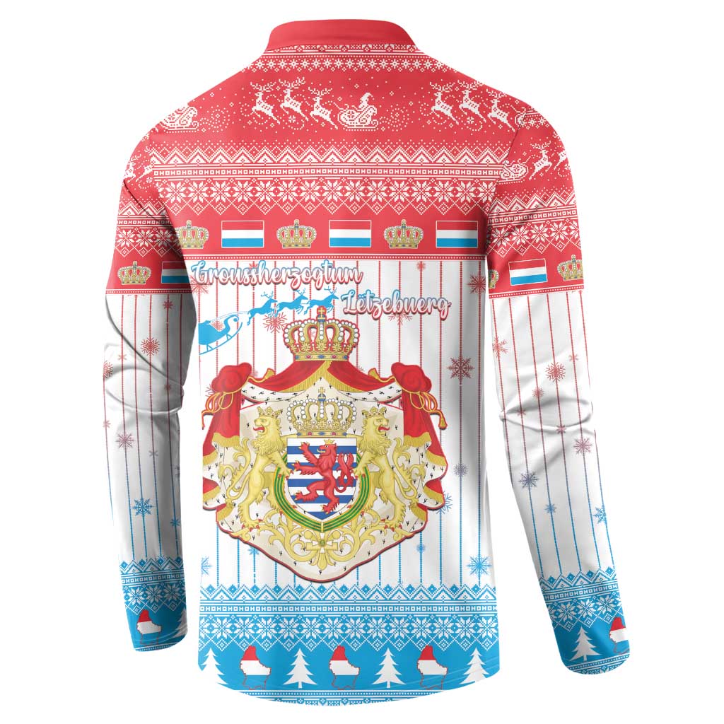 Red back view sweatshirt coat with crest emblem and holiday border pattern