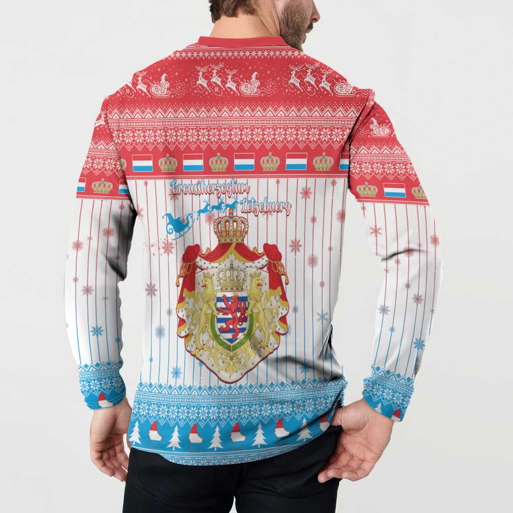 Red back view sweatshirt coat on model with crest emblem and snowflake stripe design