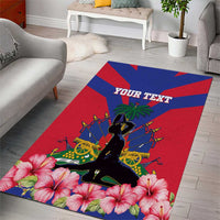 Personalized area rug in red and blue with hibiscus, black silhouette, and YOUR TEXT