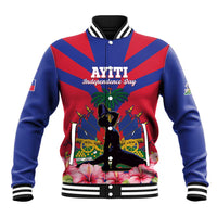 Unisex baseball jacket, blue sleeves, red front with 'AYITI' Independence Day text, ribbed trim