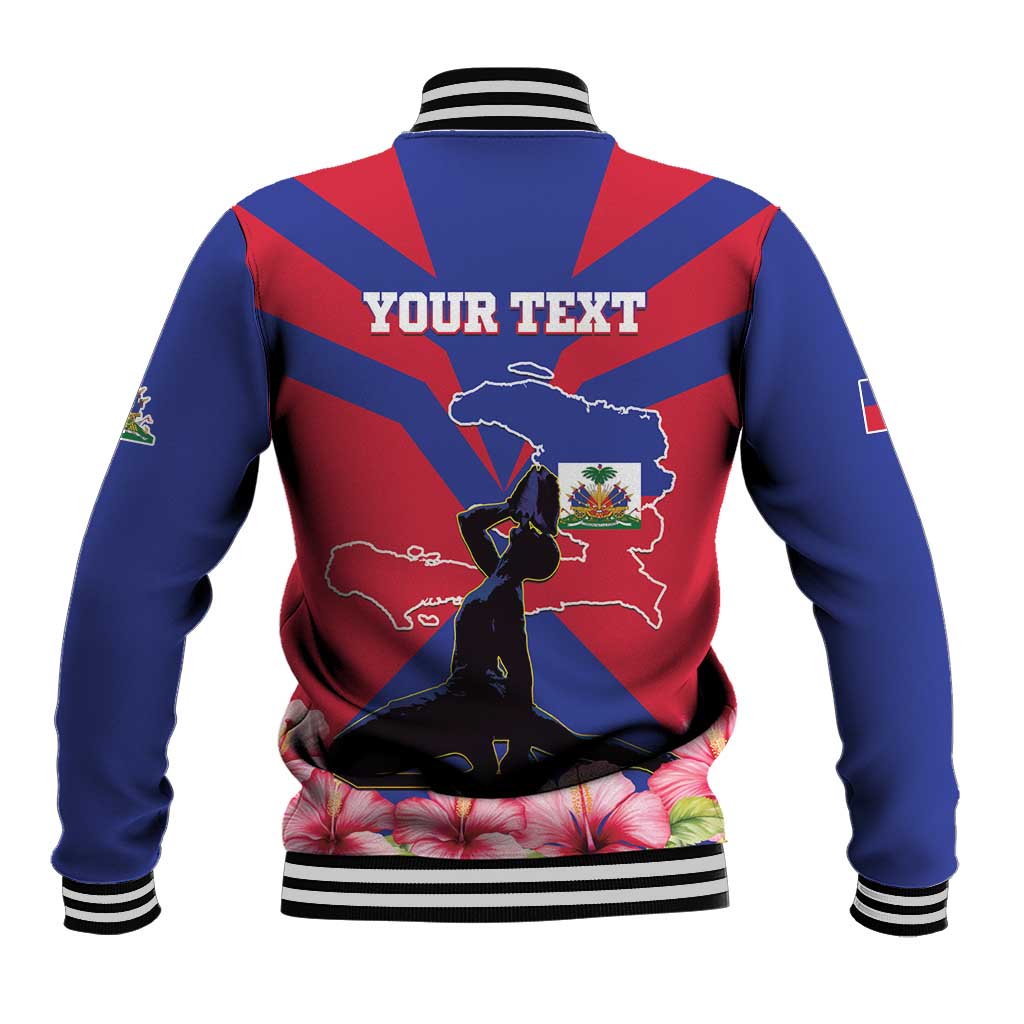 Unisex baseball jacket, blue sleeves, red front with Haiti map graphic and ribbed trim