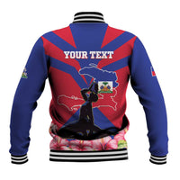 Unisex baseball jacket, blue sleeves, red front with Haiti map graphic and ribbed trim