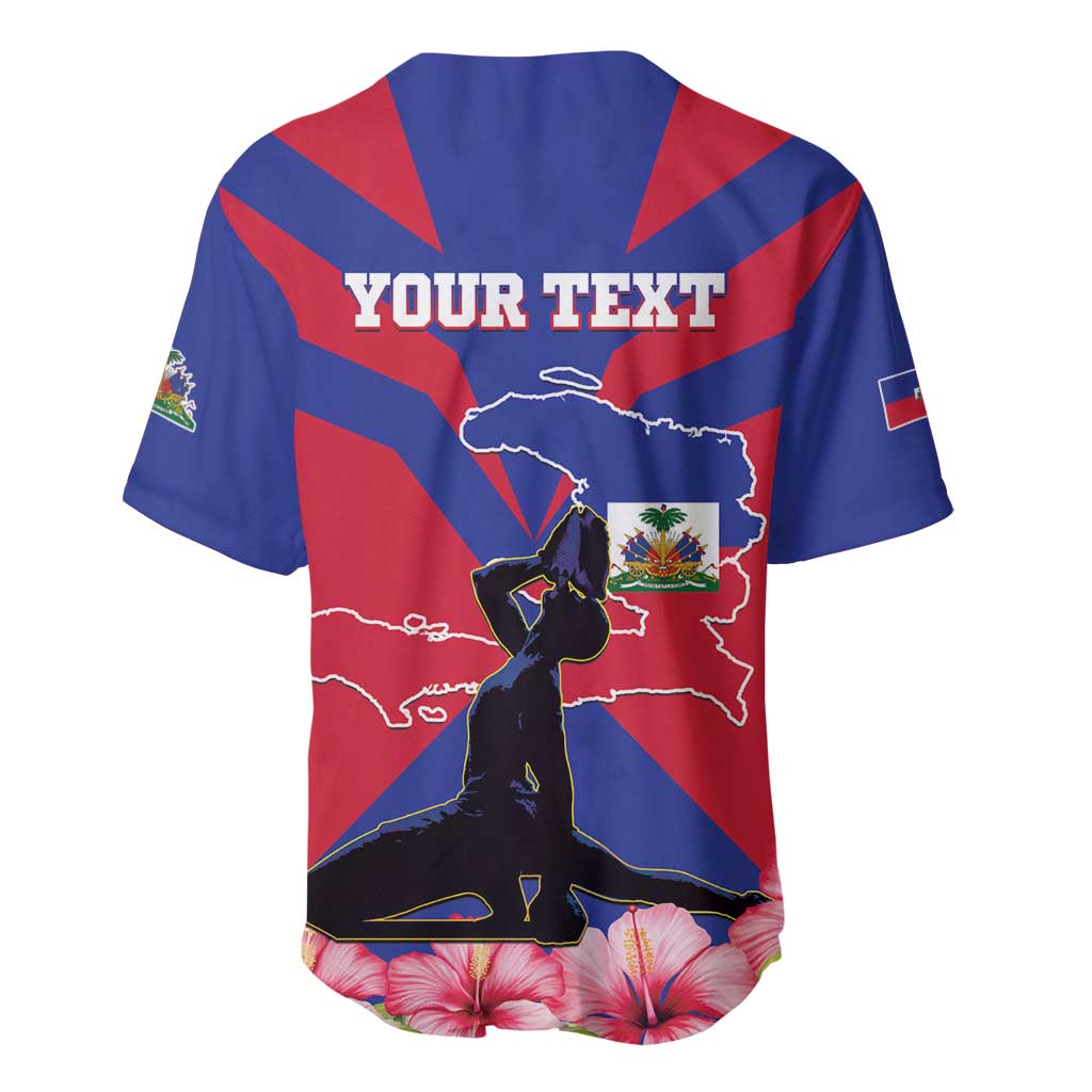 Blue baseball jersey with V-neck; 'YOUR TEXT' back print with Haiti map
