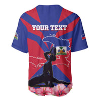 Blue baseball jersey with V-neck; 'YOUR TEXT' back print with Haiti map