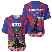 Blue baseball jersey shown front and back: AYITI front graphic, YOUR TEXT map back
