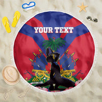 Round fringed beach blanket with centered Haiti flag graphic and “YOUR TEXT”