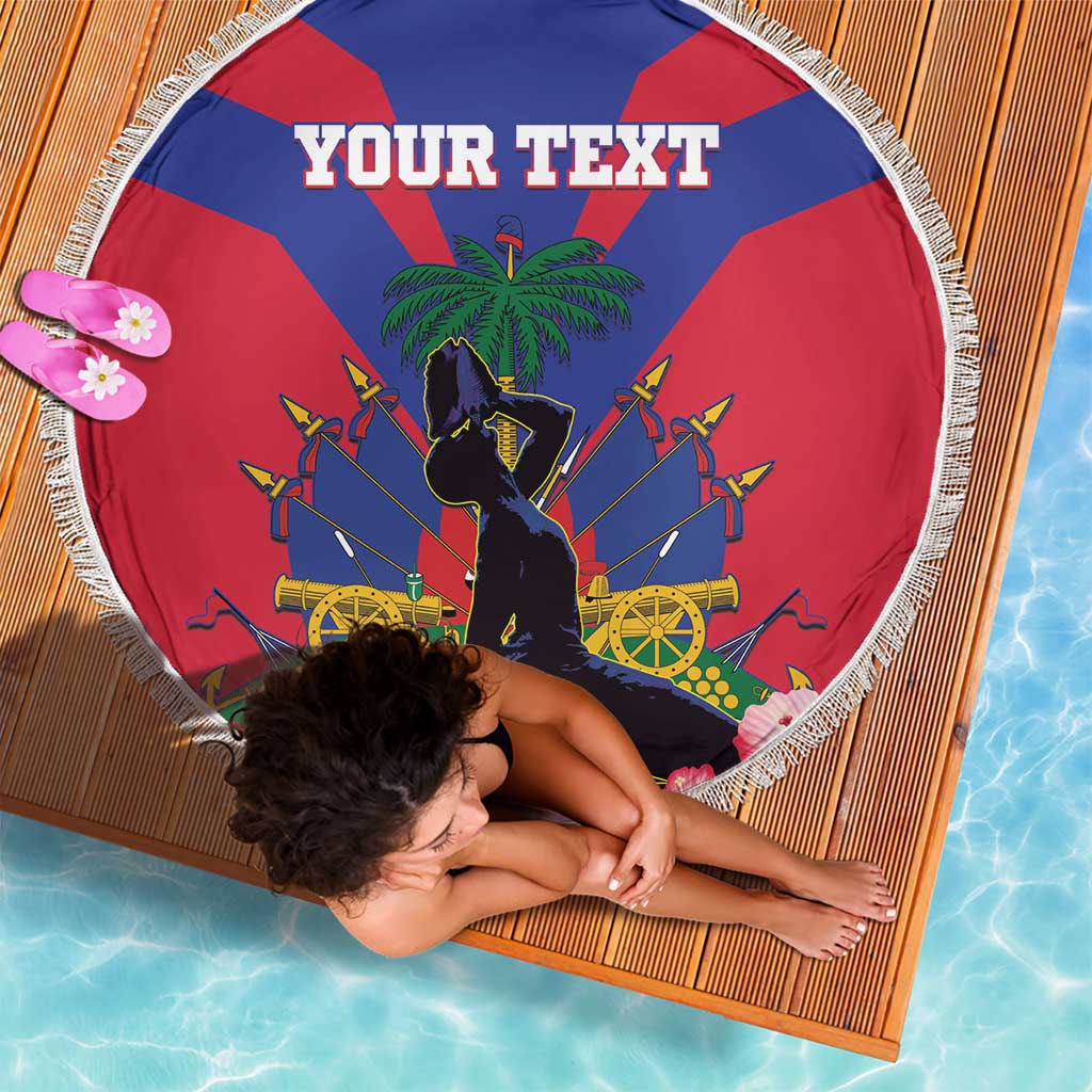 Round fringed beach blanket with Haiti flag graphic and “YOUR TEXT” banner