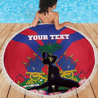 Round fringed beach blanket featuring Haiti flag graphic with “YOUR TEXT”