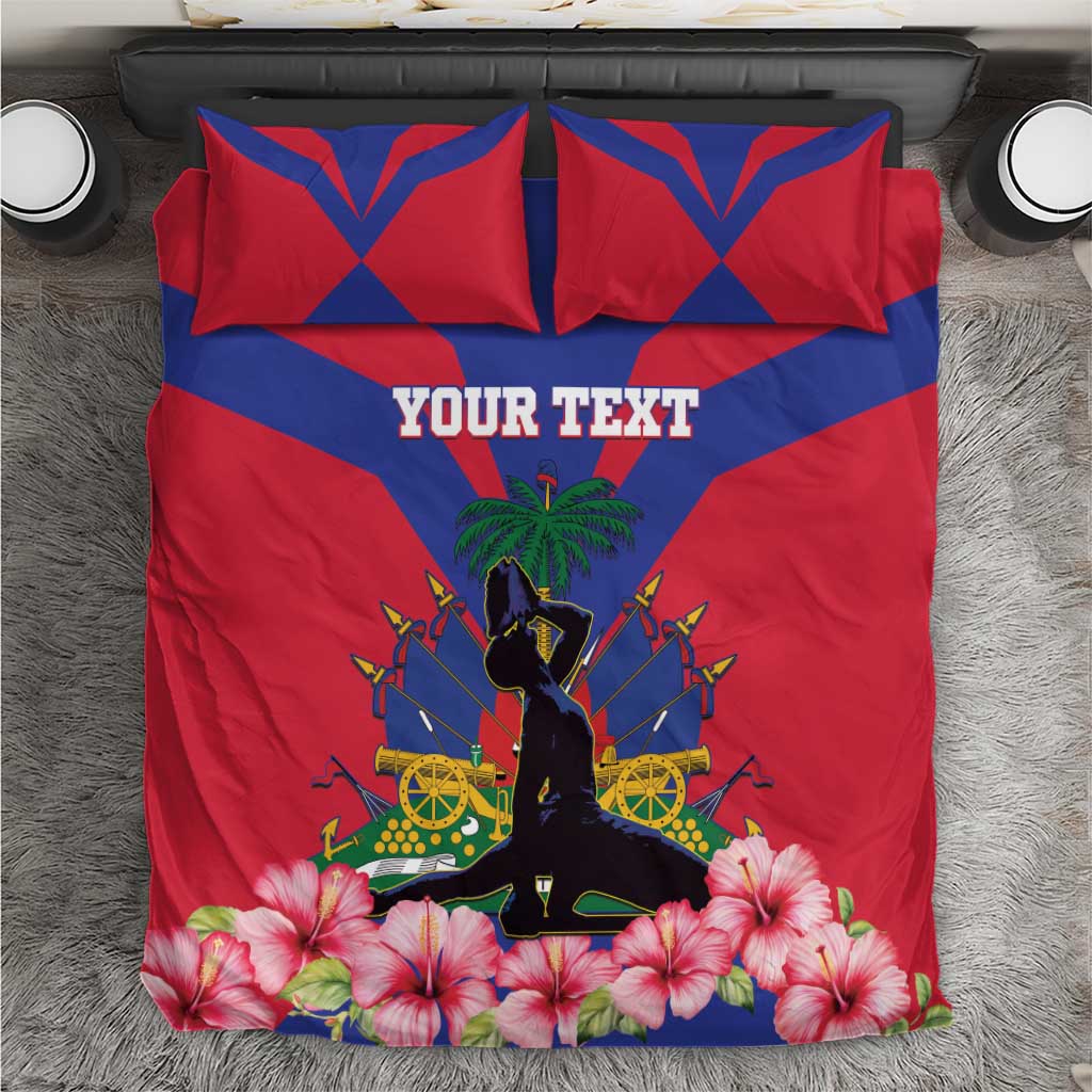 Personalized bedding set, top view: red and blue flag pattern with YOUR TEXT, palm, statue and flowers