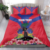 Personalized bedding set in red and blue with YOUR TEXT, palm tree, silhouette and hibiscus blooms