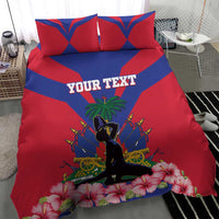 Personalized bedding set with red and blue flag design, YOUR TEXT, palm tree and hibiscus flowers