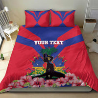 Personalized bedding set featuring red and blue flag stripes, YOUR TEXT, silhouette, palm and flowers