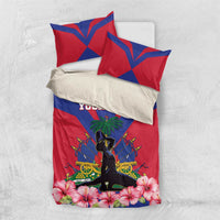 Personalized bedding set with red and blue flag motif, YOUR TEXT, statue silhouette, palm and hibiscus